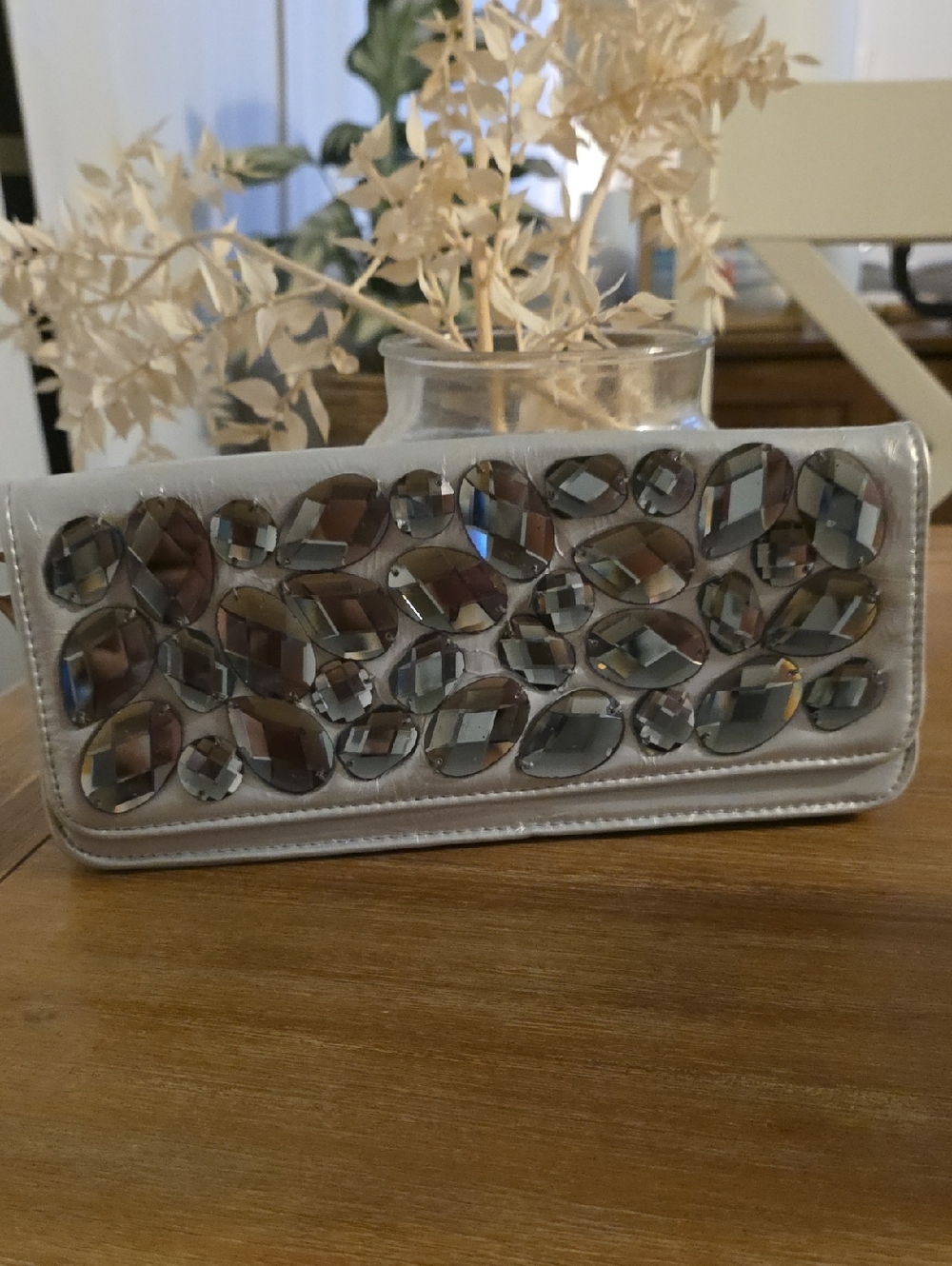 Kate Landry Silver Evening Clutch with Faceted Gem Accents